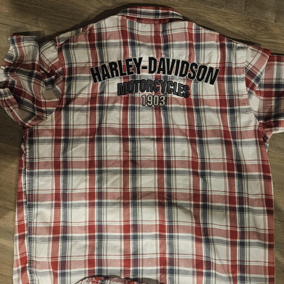 Harley-Davidson Shirt Mens XL Short Sleeve Red Plaid Snap Front Motorcycle - Picture 6 of 7